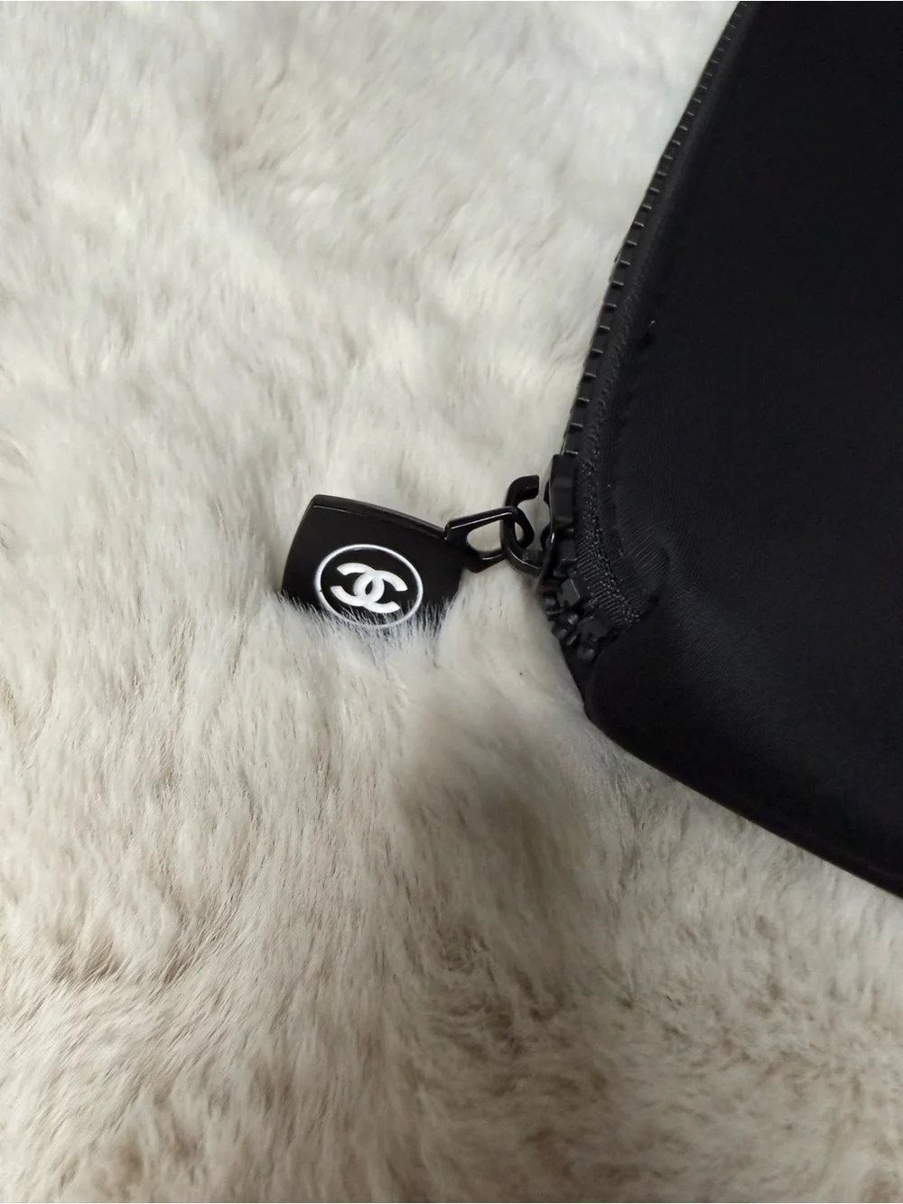 CHANEL Black Leather Accessories Pouch with White Logo